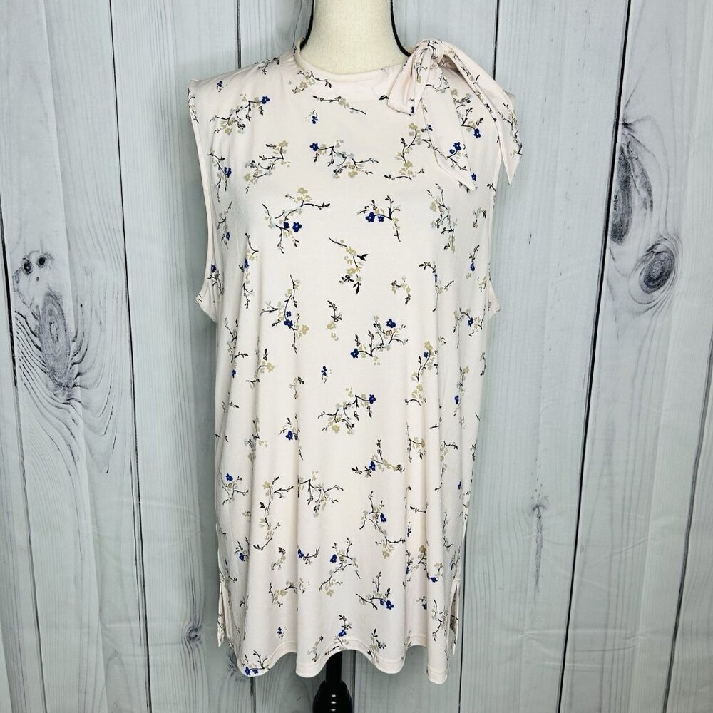 Ann Taylor Factory Blouse Sleeveless Feminine Boho Bow Neck Sz XL Pink Floral